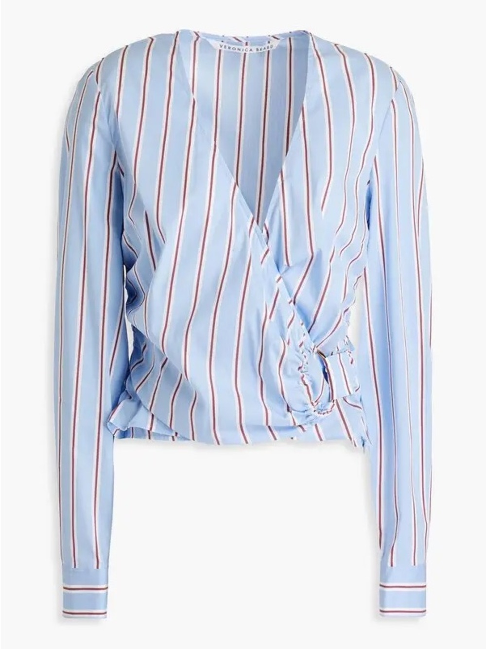 Veronica Beard V-Neck Longsleeve Wrap Cropped Shirt Blouse Blue White Stripes